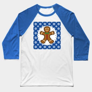 Gingerbread Man on Blue White Snowflakes Pattern Baseball T-Shirt